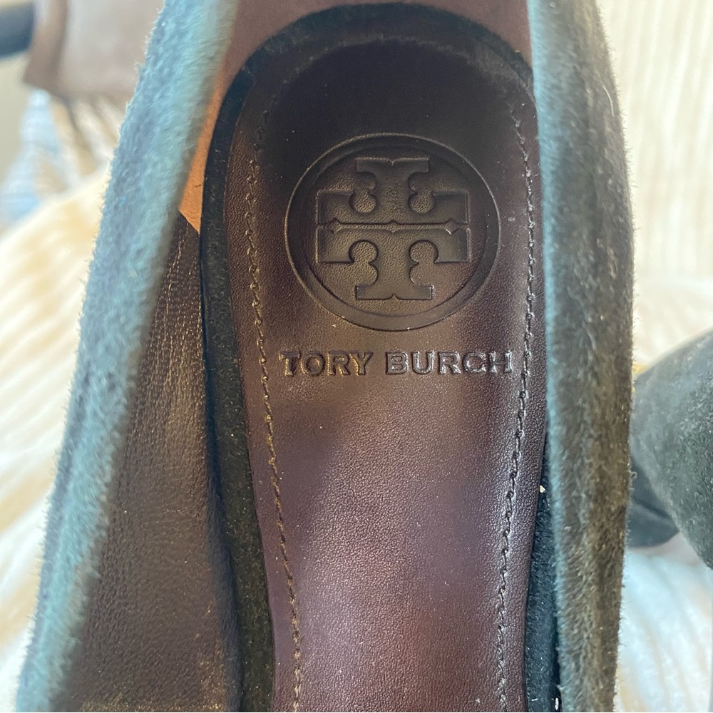 Tory Burch Pacey Black Suede Snake Cap Toe Block Heel Pumps Women’s 7 - Picture 11 of 12